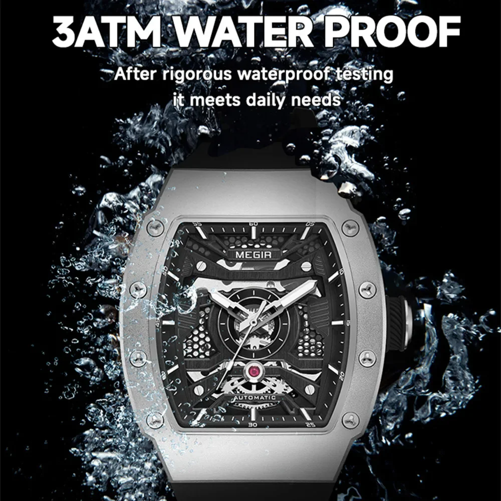MEGIR 8604 Luxury Men's Automatic Mechanical Watch Waterproof Hollow Out Silicone Strap Sports Wristwatch Clock Reloj Hombre