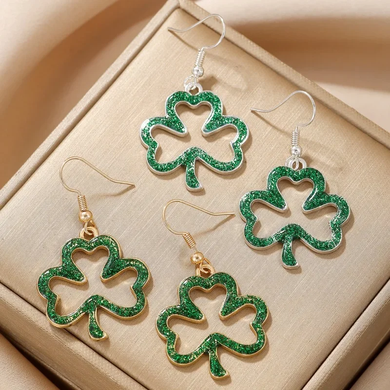 St Patricks Day Metal Earrings for Woman Lucky Carnival Three-leaf Clover Ireland Green Earrings Fashion Trendy Jewelry Gift