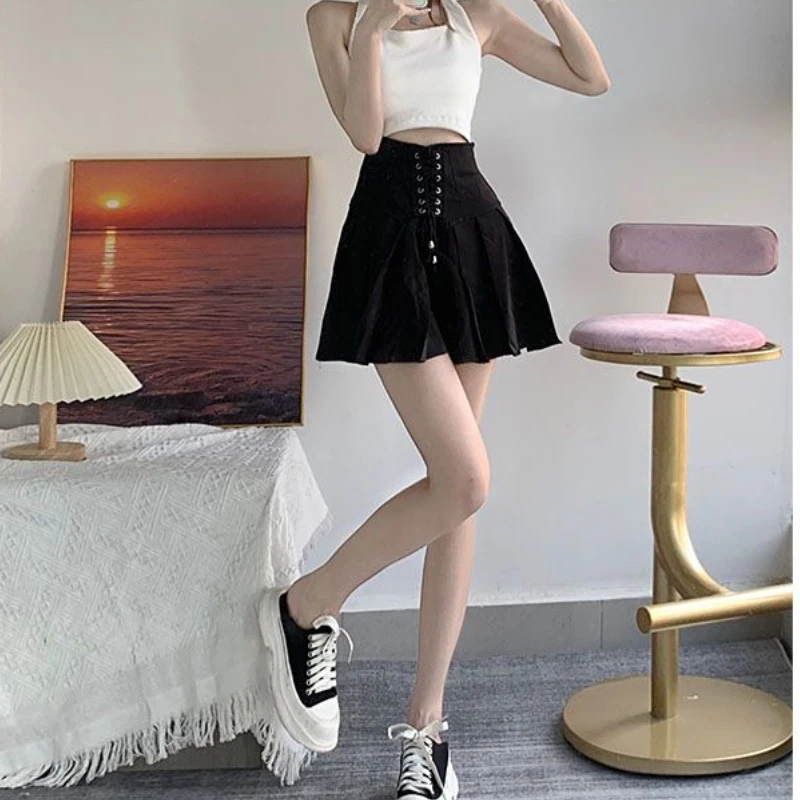 Summer Fashion Harajuku Solid High Waist Cross Lace Up Skirts Office Lady A-line Outdoor Stretwear Y2k Aesthetic Pleated Jupe