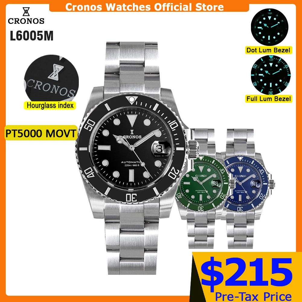 Cronos Sub Diver Men Watch Stainless Steel PT5000 Bracelet Ceramic Bezel 200 Meters Water Resistant L6005 V3