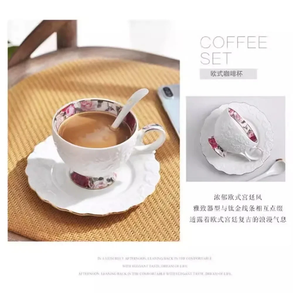 Embossed Flower Coffee Cups and Saucers with Golden Ceramic Cups with Cups Holding Milk Coffee Mugs Latte Flower Mugs 200ML
