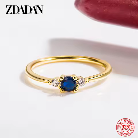 ZDADAN 925 Silver 18K Gold Blue Zircon Ring For Women Wedding Jewelry