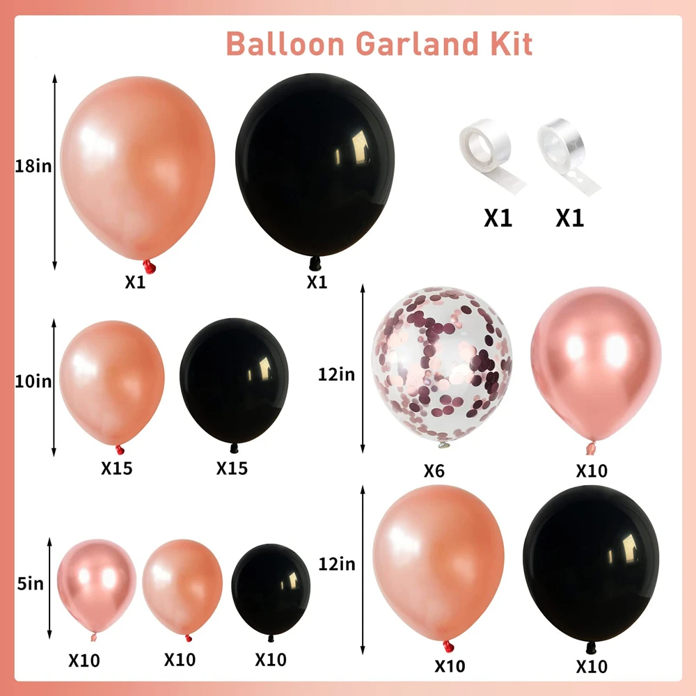 98Pcs Matte Black Rose Gold Metallic Rose Gold Confetti Latex Balloon Garland Arch Kit for Birthday Baby Shower Party Decoration