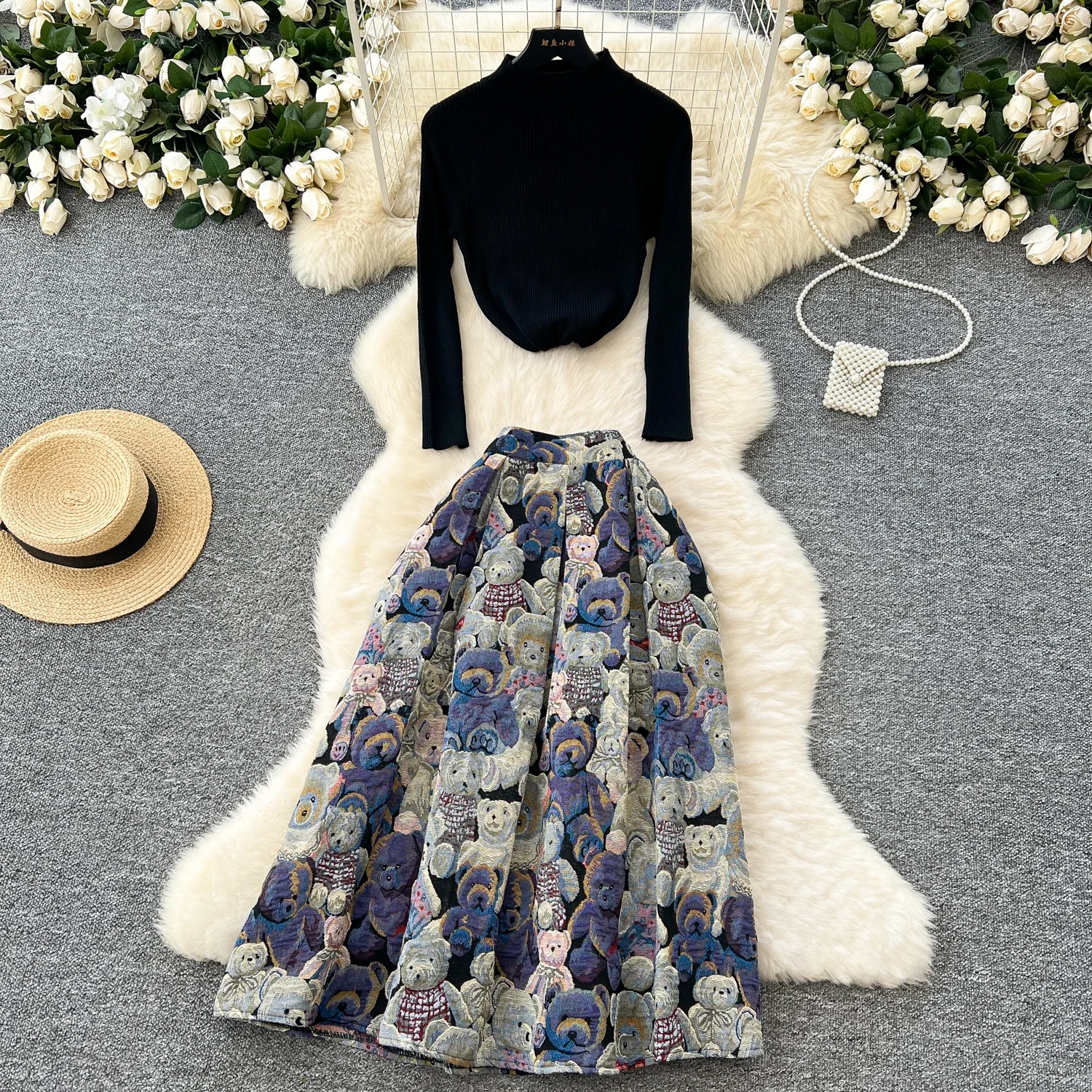 Elegant O-neck Vintage Long Sleeves Chic Knit Top High Waist Little Bear Jacquard Skirt Autumn Winter High Street Two-piece Sets