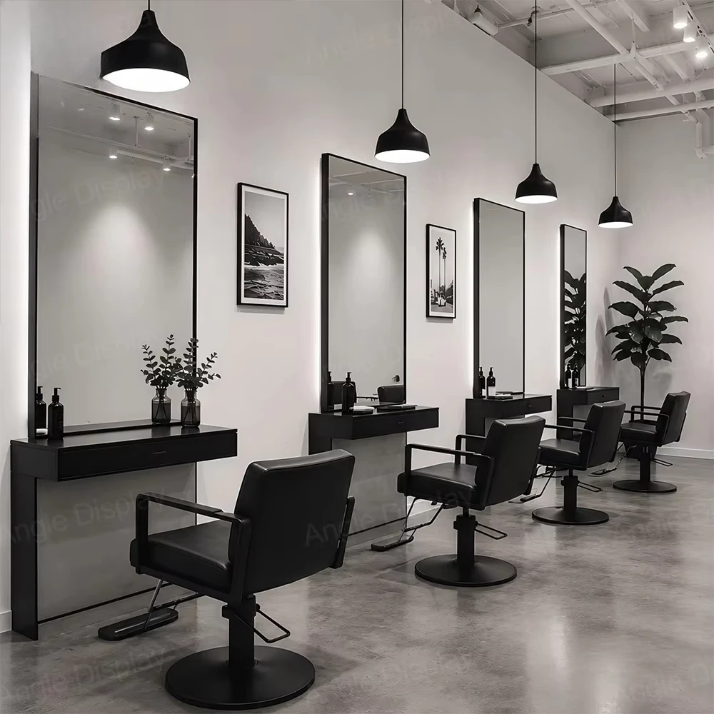 Vintage Industrial Barber Shop Solid Wood Styling Counter With Double Sided Mirror Cabinet LED Lighting Custom Barbershop Design
