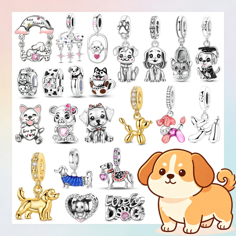 

925 Sterling Silver Cute Puppy Dog Charms Beads Fit Original Bracelet, Animal Paw Print & Balloon Dog Pendant Jewelry For Women