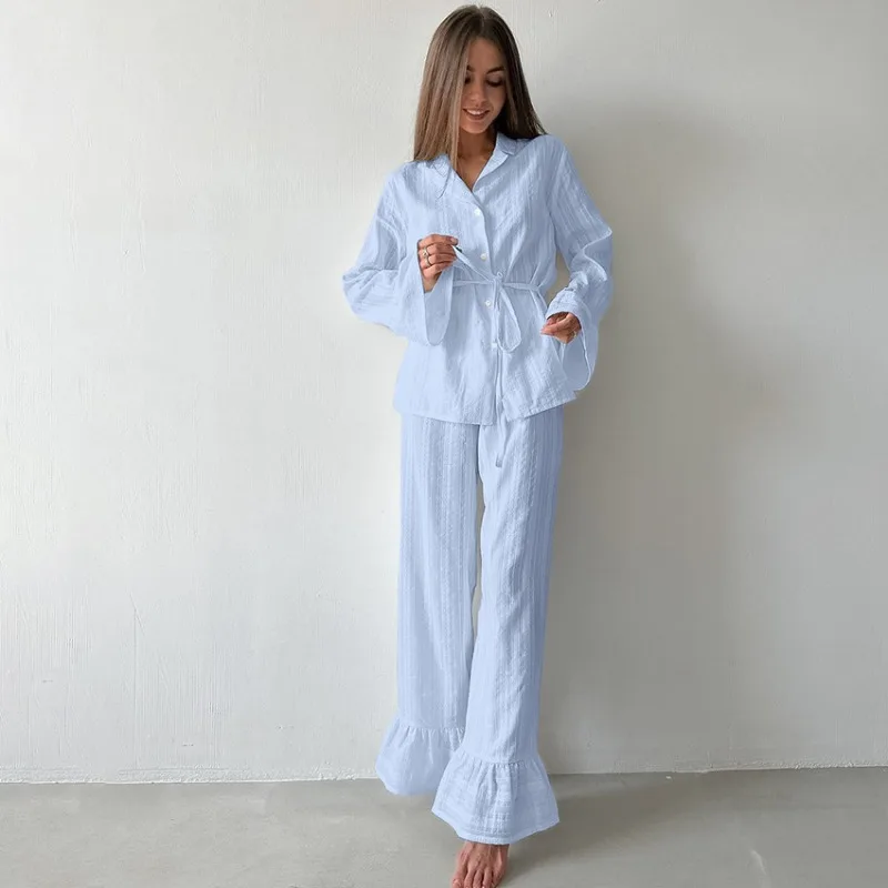 Ensemble de 2 pièces pour femmes, ensemble de vêtements de détente confortables, pyjama à manches longues, chemise et pantalon avec ceinture, ensemble de vêtements de maison, adapté à un usage extérieur