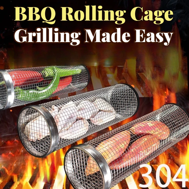 Edelstahl-Grillkorb – tragbarer rollender Zylinder-Grillkorb aus Drahtgeflecht für Outdoor-Camping, Grillen, einfaches Lebensmittelgrillen