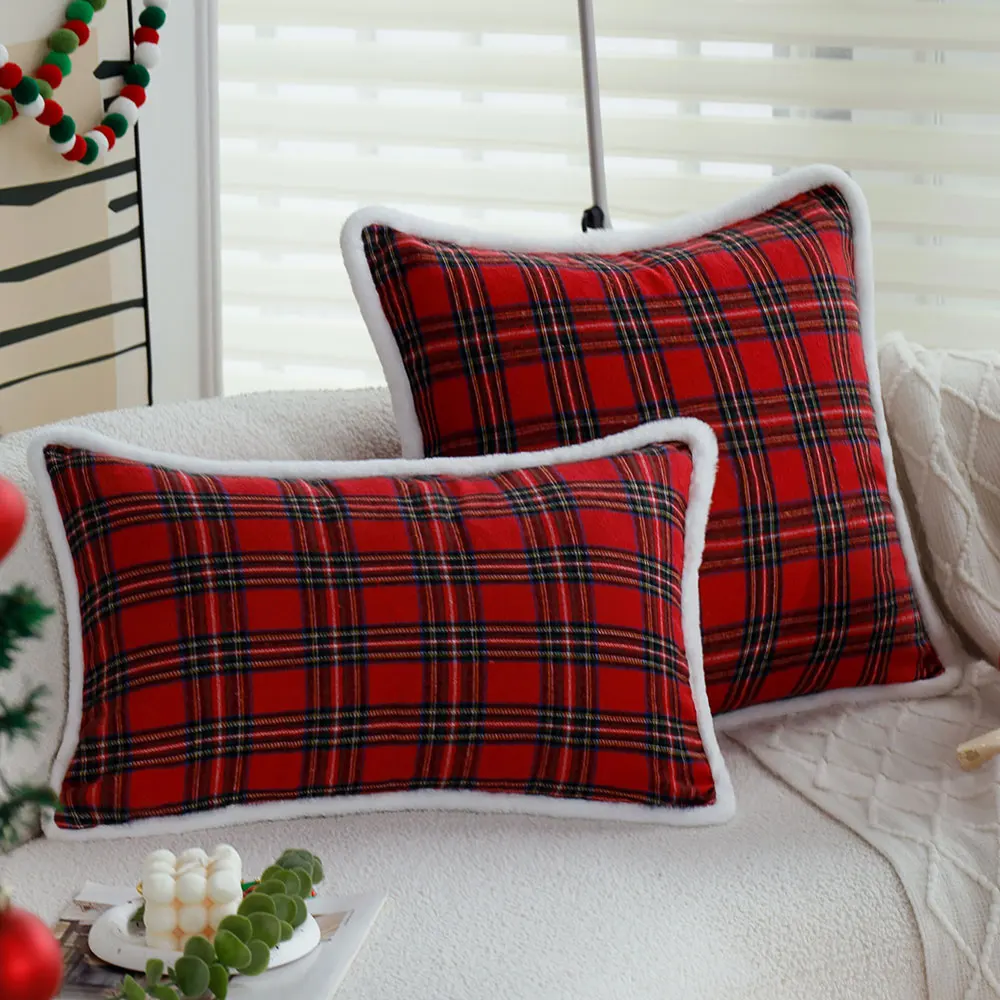 Christmas Red Plaid Decorative Cushion Cover White Plush Edge Pillowcase for Living Room Sofa Bedroom Soft Pillow Cover Xmas