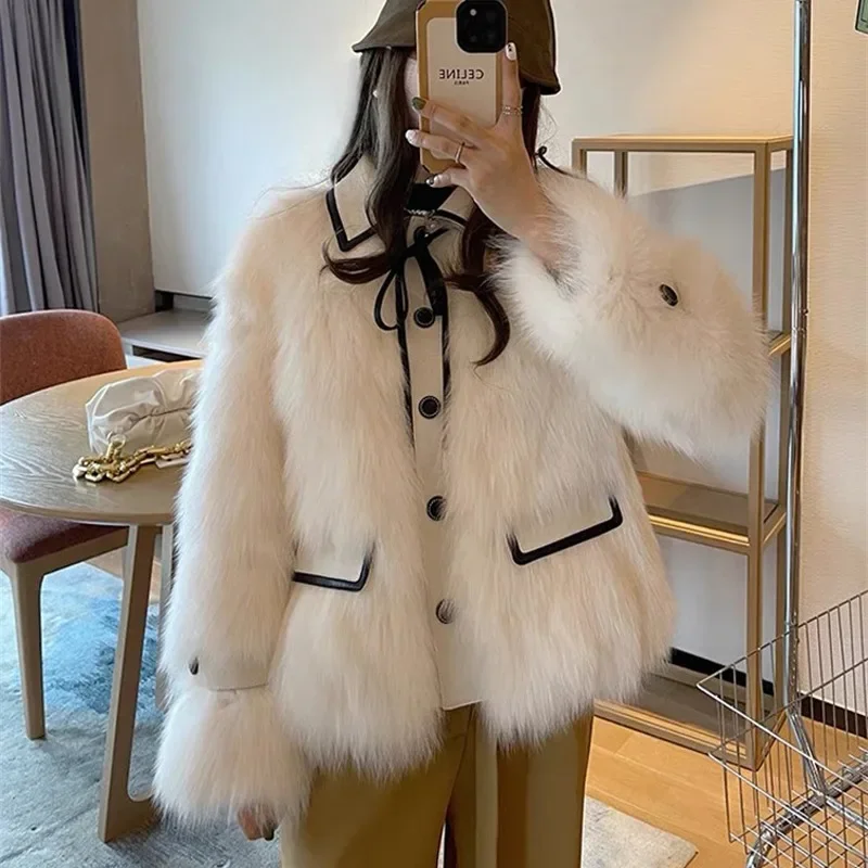 New 2023 Winter Faux Fox Fur Women Outwear Lapel Long Sleeve Button-up Stylish and Cozy Artificial Warm Fur Coat Elegant Jacket