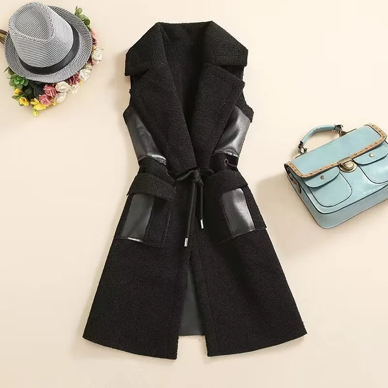 2024 Autumn Winter New Leather Vest Coat Long Lambwool Sleeveless Waistcoat Fashion Slim Female Vest Jacket 5XL