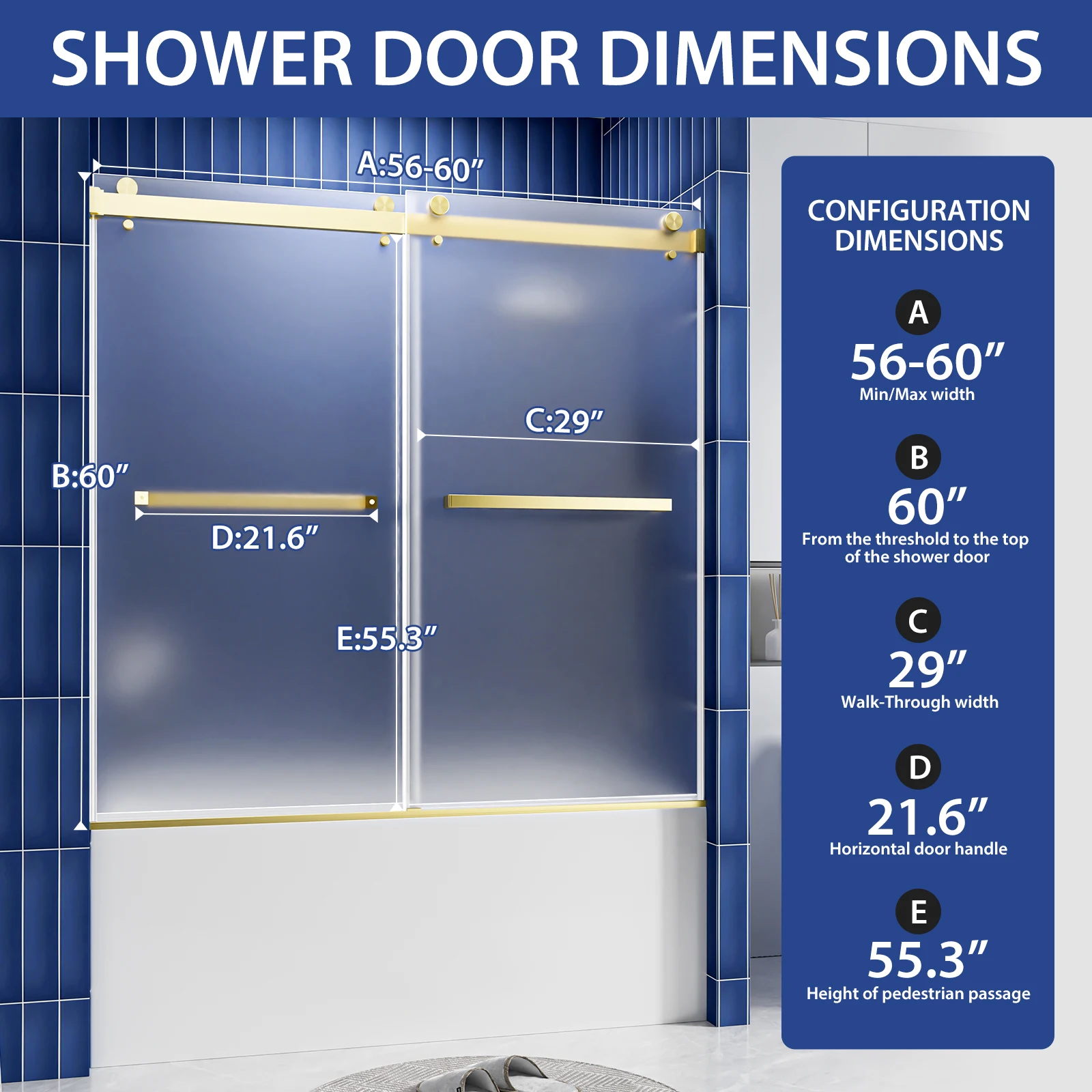 56-60 Inch Adjustable Frameless Frosted Double Sliding Bathtub Shower Door, 8mm ANSI Tempered Glass, Brushed Gold Towel Bar Handle