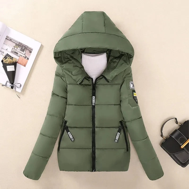 GIDYQ Women's Slim Parkas Winter Warm Thick Hooded Cotton Jacket Korean Fashion Letter Zipper Preppy Style Short Coat 6 Colors