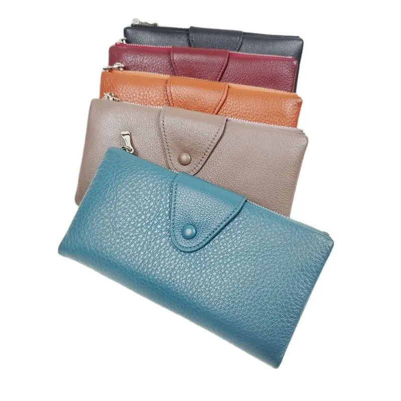 Portefeuille long en cuir de vache véritable pour femme, porte-cartes multifonctionnel, sac de téléphone, sac à main pour femme, porte-cartes décontracté, bouton pression, doux