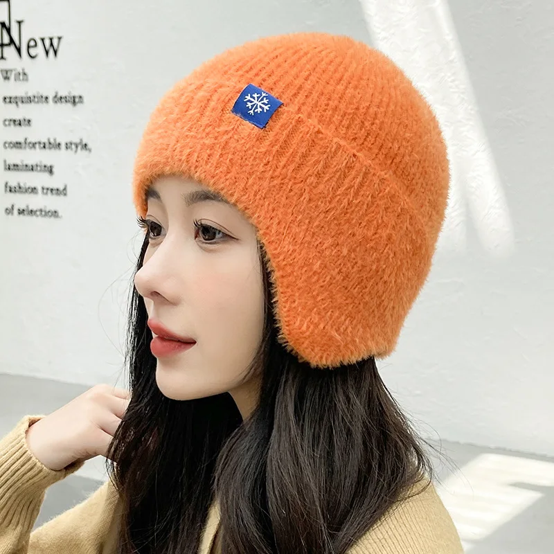 New Women Candy Colors Earflap Winter Hat Fashion Faux Fur Knitted Hat Kpop Style Soft Beanie Hats Female Streetwear Cap