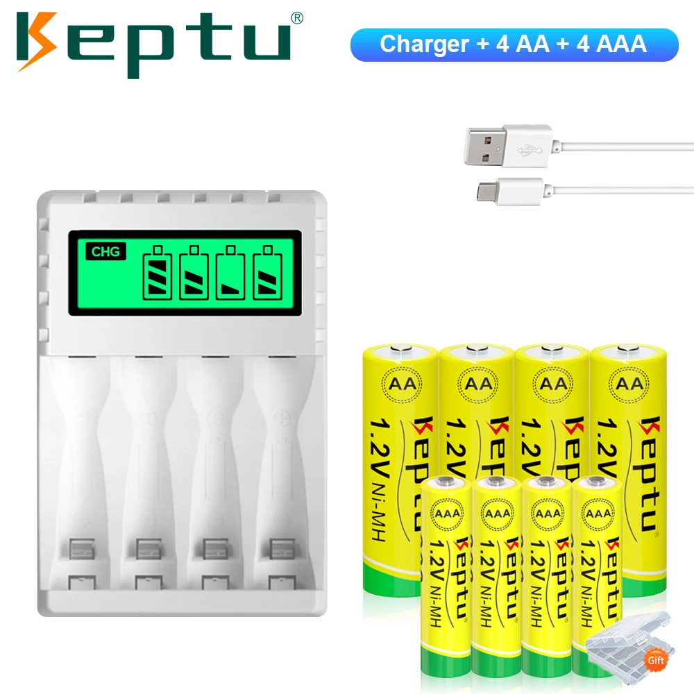 KEPTU 1.2v NI-MH aa aaa rechargeable battery AA 2200mAh AAA 900mAh True Capacity aa aaa batteries +Smart Quick AA/AAA Charger