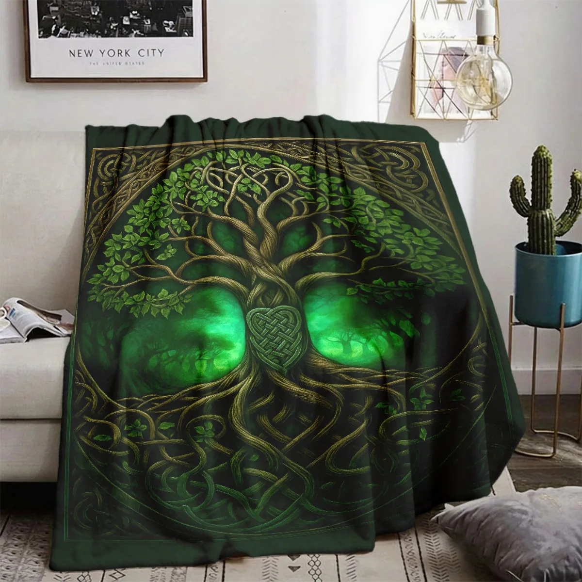 Mystical Celtic World Tree Throw Blanket,Vintage Knot Tree Pattern Flannel Blanket for Sofa Bed Home Decor Birthday Gift Options