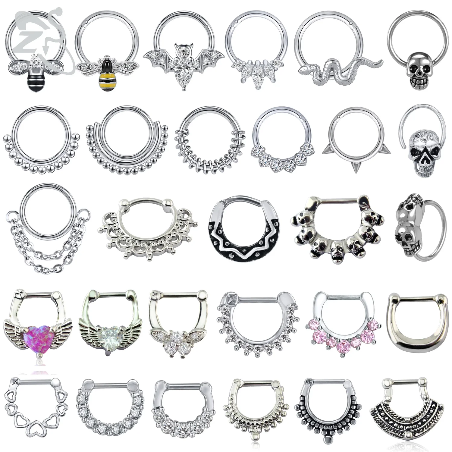 ZS 1 Piece CZ Crystal Septum Piercings Men Women Clicker 16G Bee Heart Bat Nose Ring Ear Helix Cartilage Piercing Jewelry 8/10MM