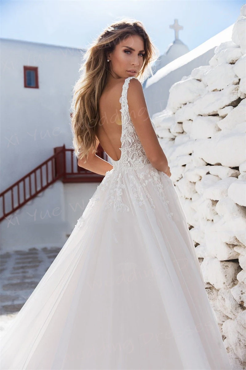 Classic Beautiful A Line abiti da sposa da donna Appliques di pizzo Sexy scollo A V profondo abiti da sposa senza maniche Beach Vestido De Noivas