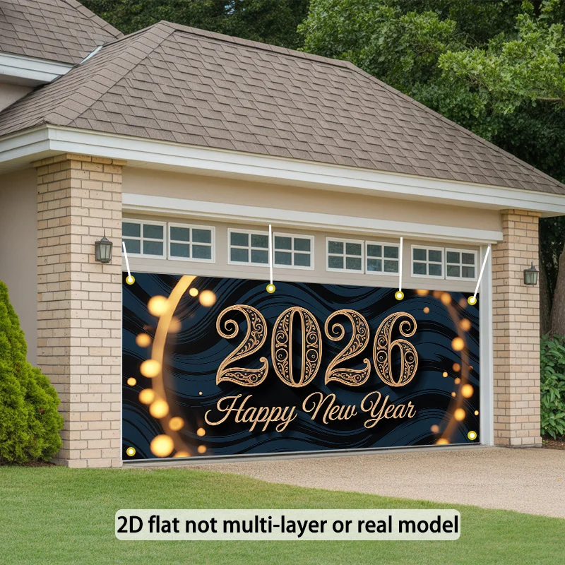 خطة ثنائية الأبعاد، قطعة واحدة من علم باب السنة الجديدة السعيدة لعام 2026 - مصممة في عطلة الذهب والأزرق مع الألعاب النارية