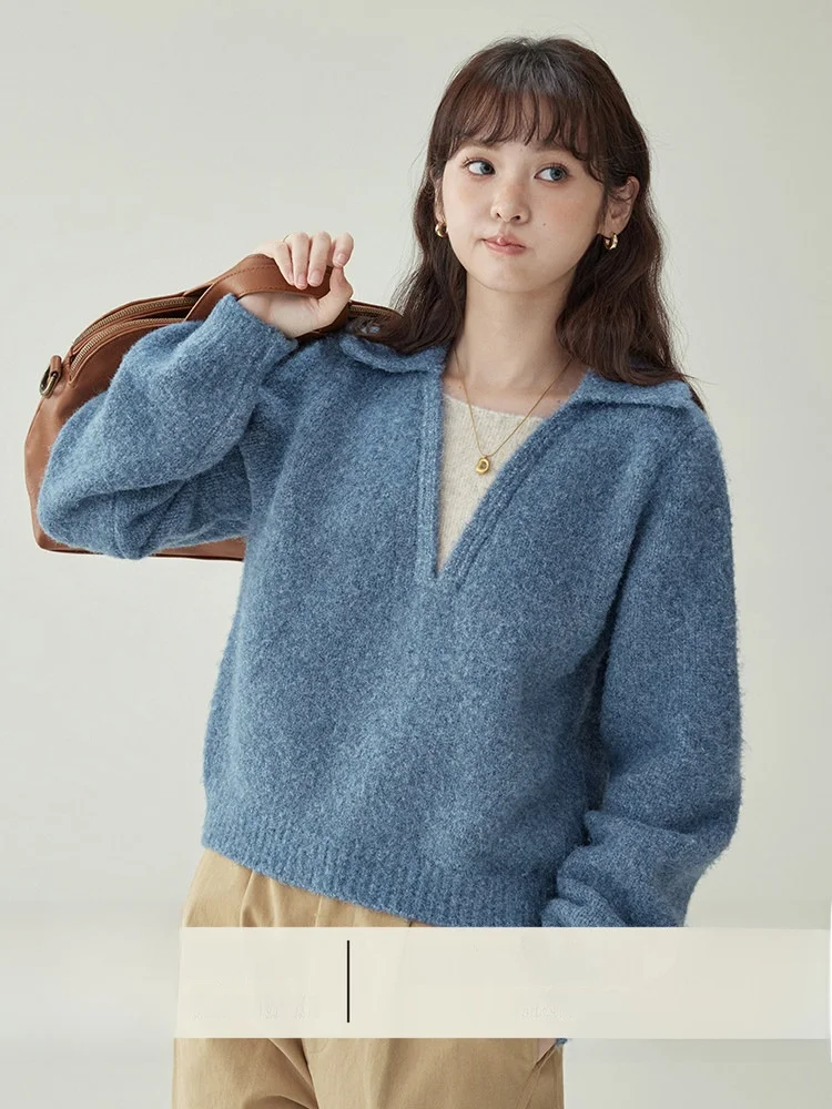 

Свитер AMUU из синей шерсти, длинный, с воротником, имитация двухслойного дизайна, осенне-зимняя новинка, антивозрастной топ