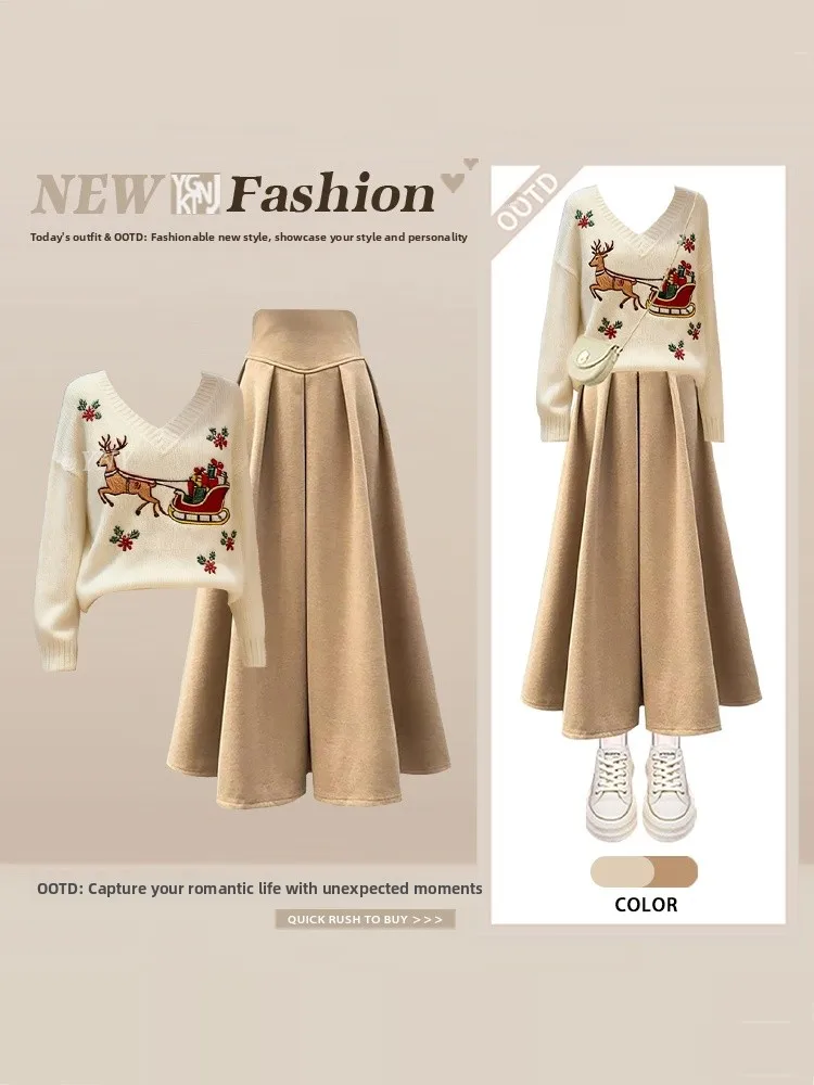 

Cisas Deer Embroidery Sweater Women's High Waist Fluffy Skirt Set Winter Faion Slimming Sle V-Ne Long Sve Knitwear