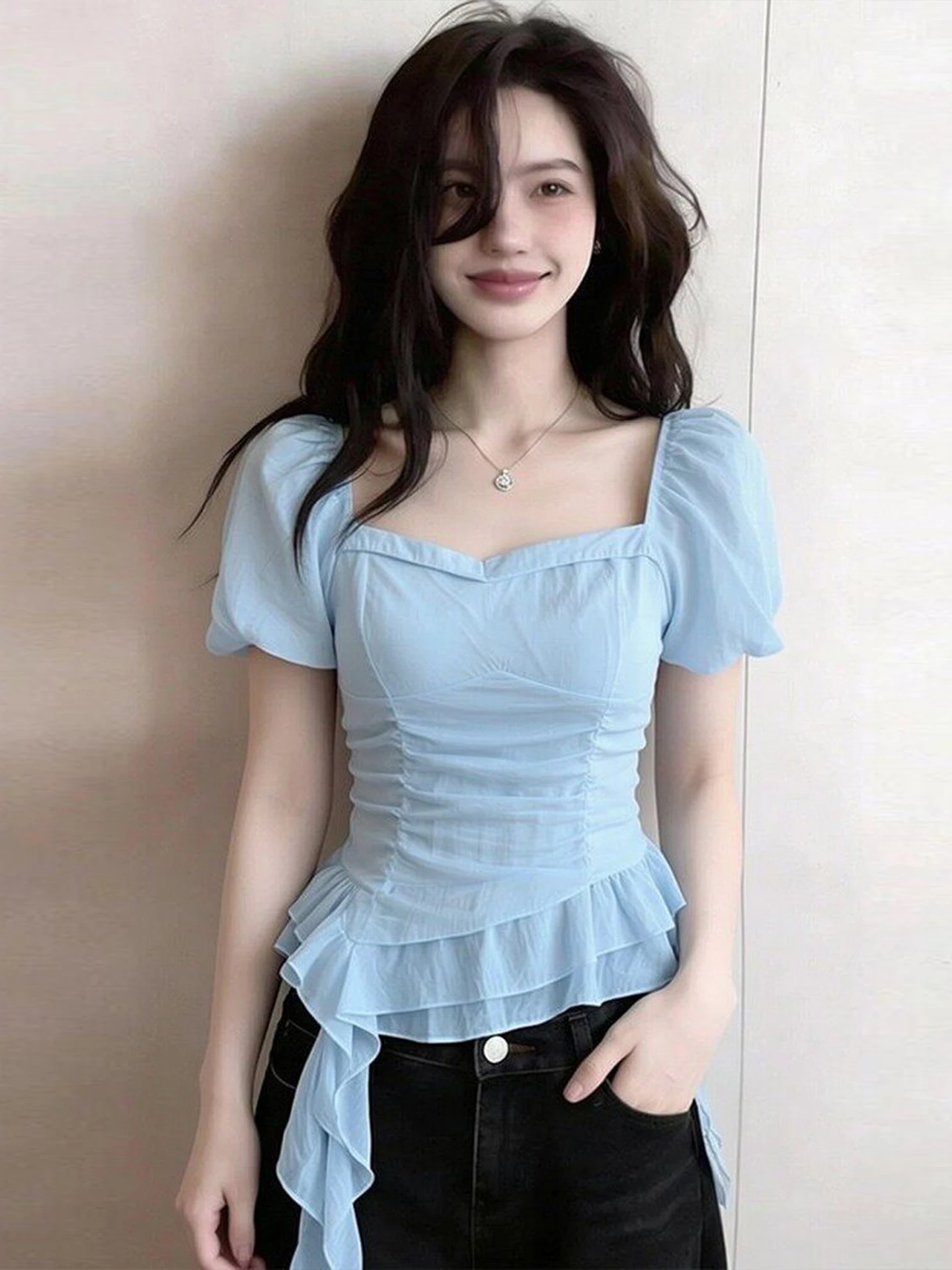 

Blue Pure Desire Sweet Spicy Girl Bubble Short Sleeve Shirt Women's Pleated Waist Cinched Slim Fit Beautiful Top Summer