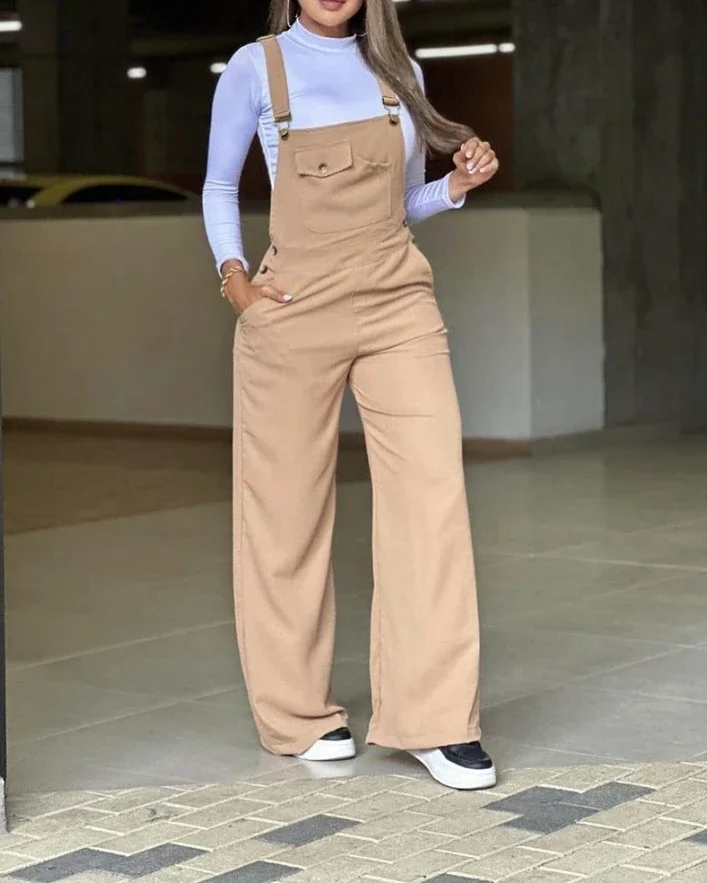 

Jumpsuit Woman Fashion Elegant Pocket Design Square Neck Casual Daily Wide Leg Suspender Jump Suit Y2K Streetwear 2024 Summer