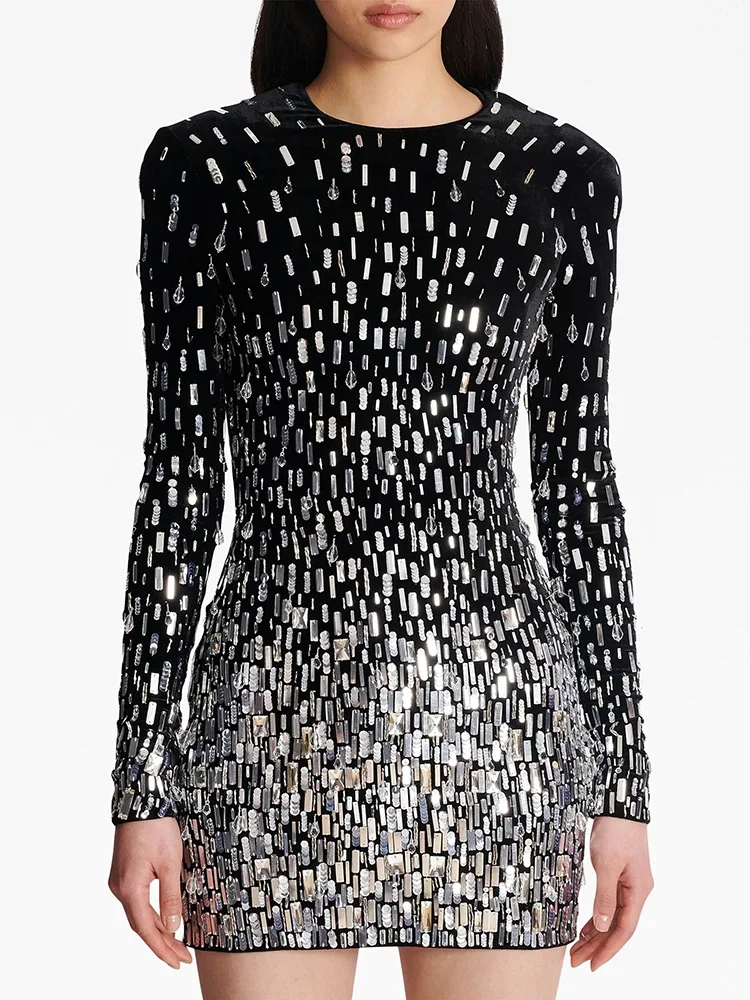 

HIGH STREET Newest Fashion 2024 Designer Women's Long Sleeve Luxurious Sequined Crystal Beaded Velvet Mini Dress