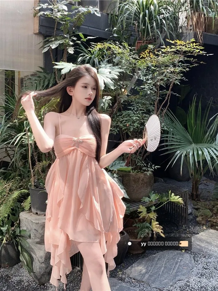 

Sexy Pure Desire Pink Chiffon Strapl Dr Women's Autumn Beach Vaion Clothing Beautiful Beach Skirt Asymmetrical Loose...