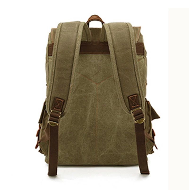 High Quality Waterproof Waxed Canvas + Genuine Leather Backpack Men Hiking Bagpack Large Canvas Travel Backpack male Daypack image 4