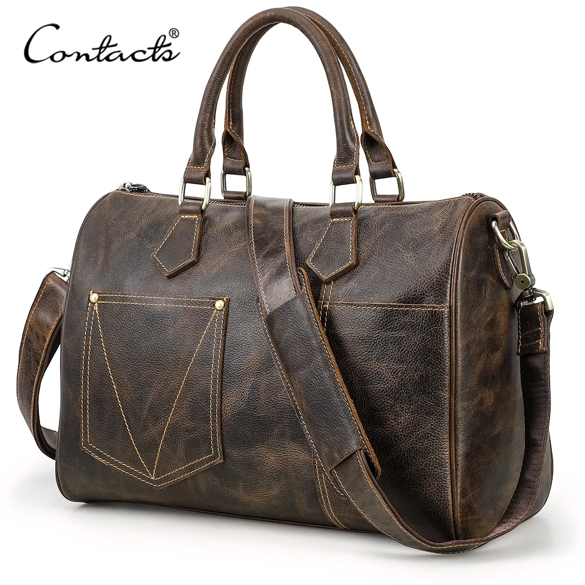 CONTACT'S Genuine Leather Luggage Bag for Men, Large Capacity Travel Duffle, Handbag Business Carry On Shoulder Tote for Trips