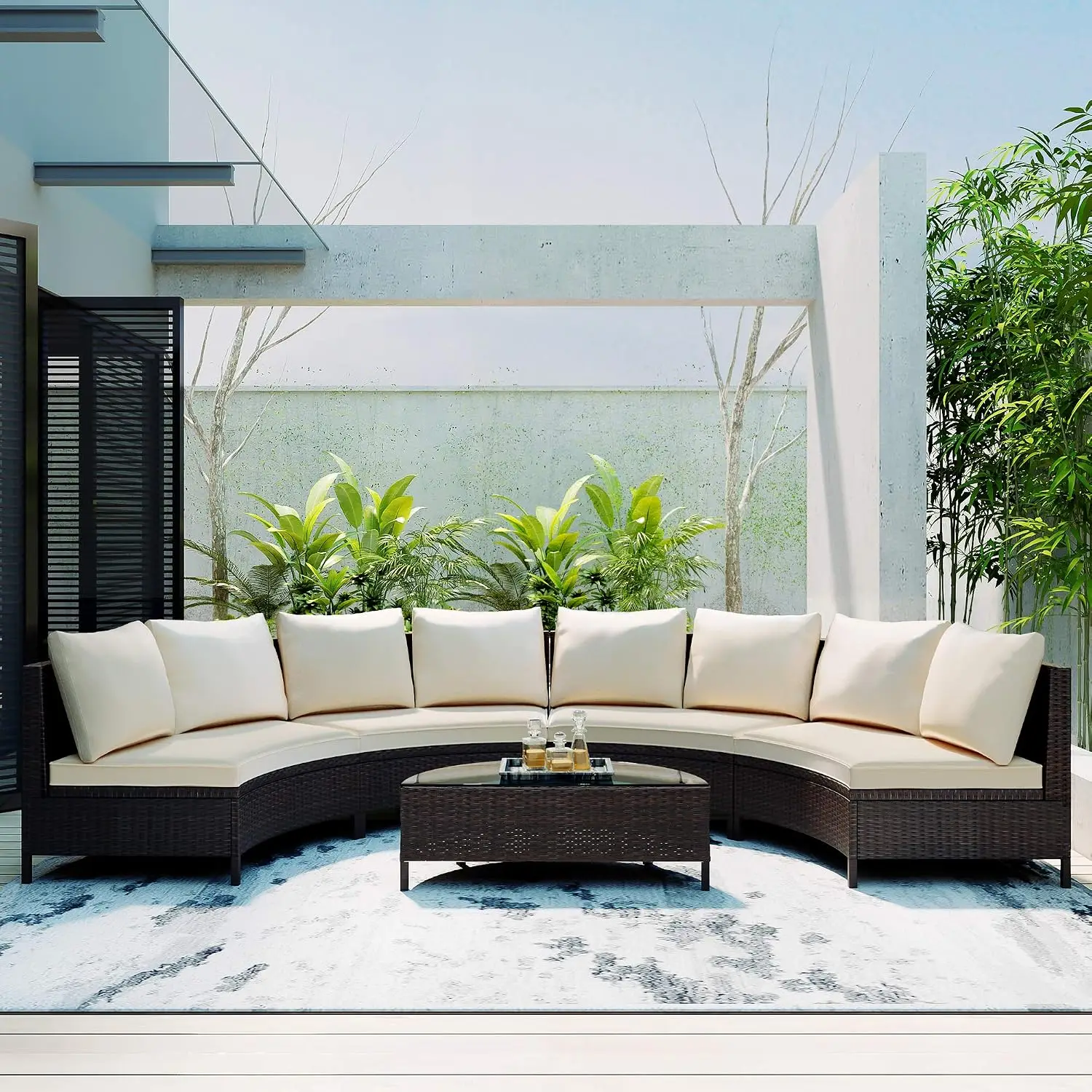 5-Piece Wicker Patio Sofa Set with Half-Moon Table & Beige Cushions, Customized