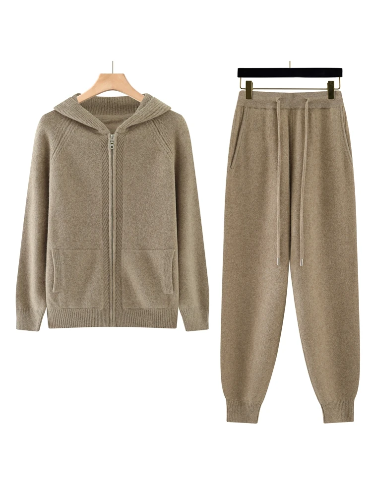 Women's New Wool Knit Zip Up Cardigan Leisure Leg Pants Set Soft Fabric High Elastic Waist Autumn Winter Fashion Hooded Sweater