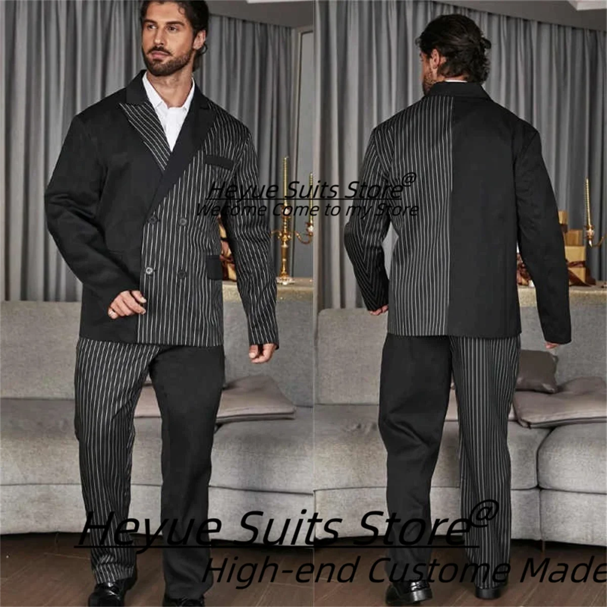 Business Striped Splicing Men Suit Handsome Loose Double Breasted Groom Wedding Tuxedos 2Pcs Sets Male Party Blazers Ropa Hombre