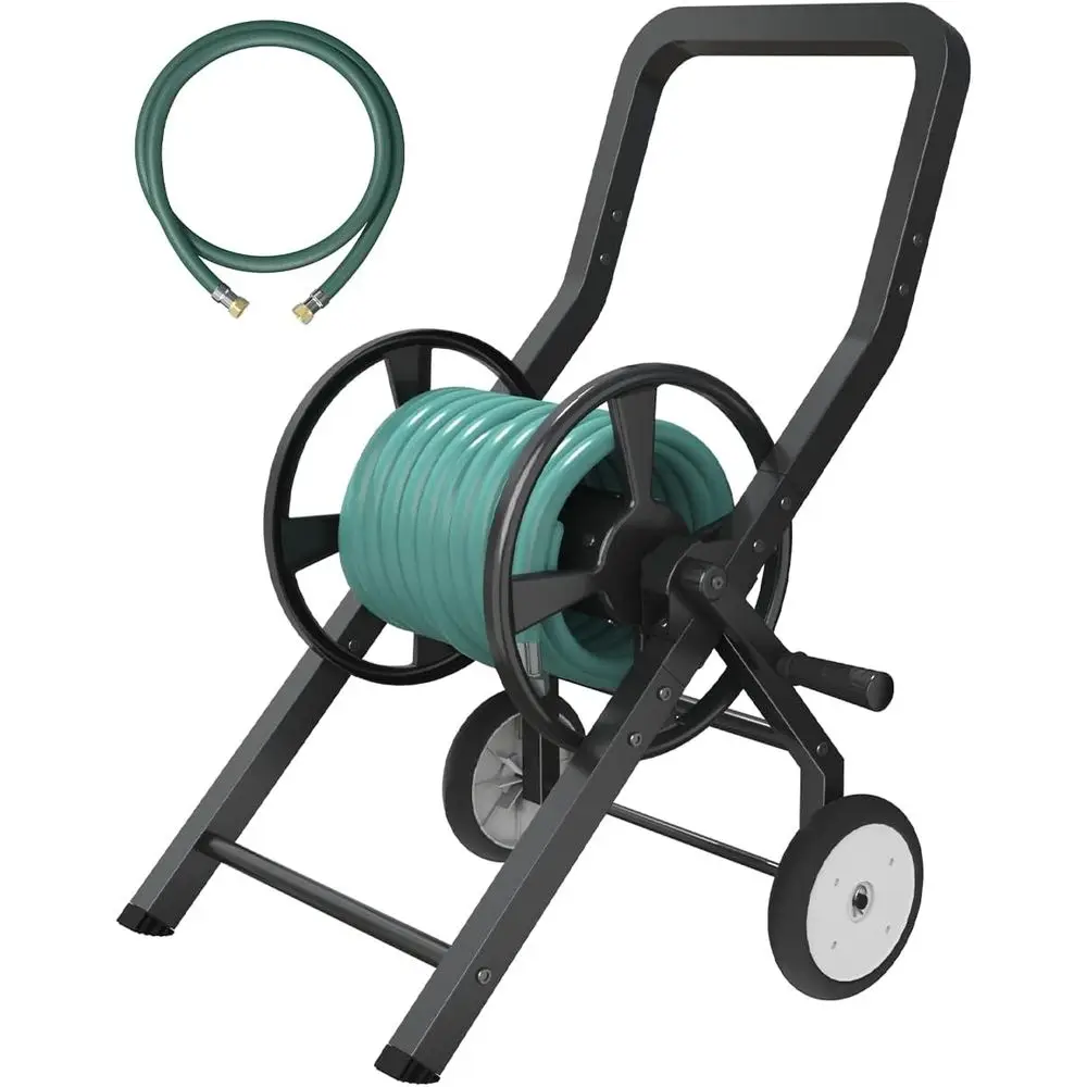Heavy-Duty Outdoor Steel Hose Cart with Wheels, Holds 125ft 5/8 Hose, Black