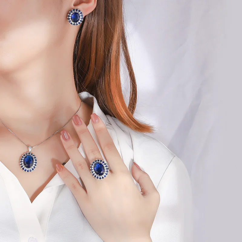 Autumn and Winter New High-end Jewelry Luxury Inlaid Popular Blue Dan-shaped Pendant Ring Three-piece Set Main Stone 12*16