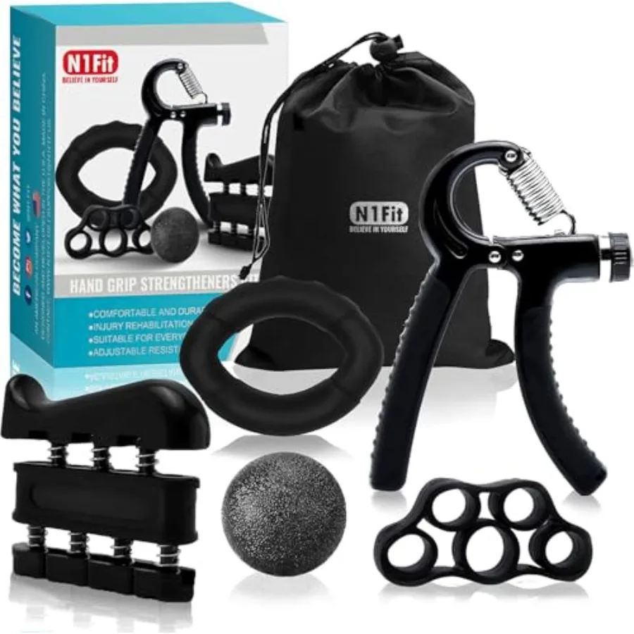 

Набор тренажеров для укрепления хвата N1Fit - 5 штук: тренажеры для предплечий, запястий и пальцев - регулируемый эспандер для рук