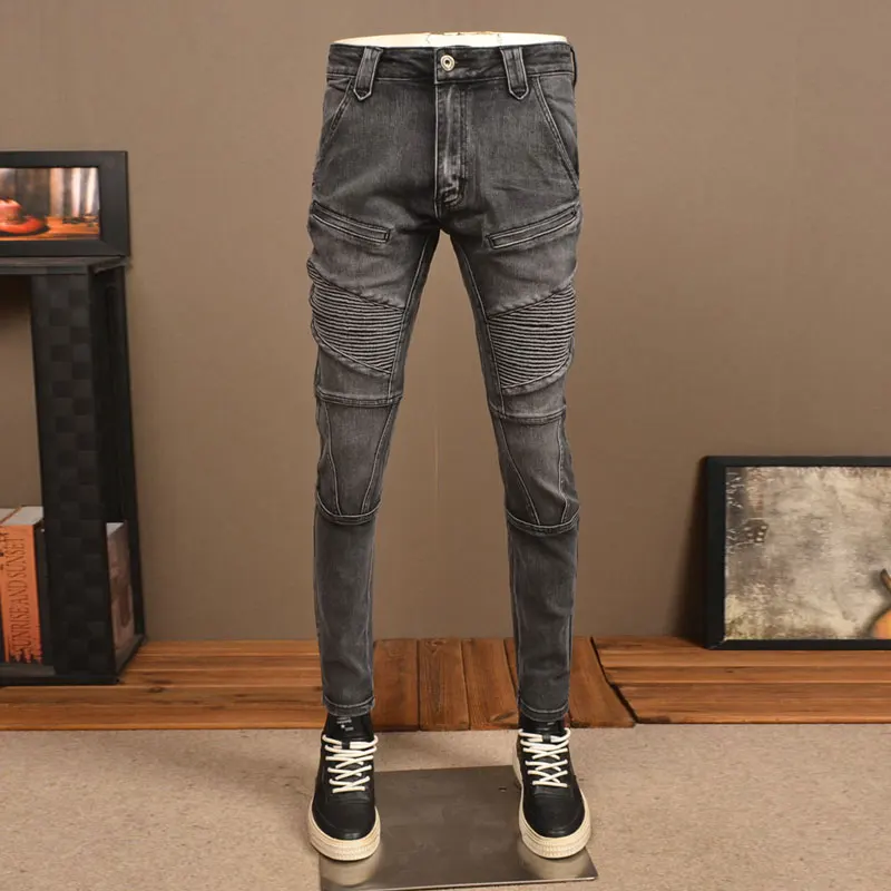 

Street Fashion Men Jeans Retro Black Gray Stretch Slim Fit Spliced Designer Biker Jeans Men Patched Hip Hop Denim Pants Hombre