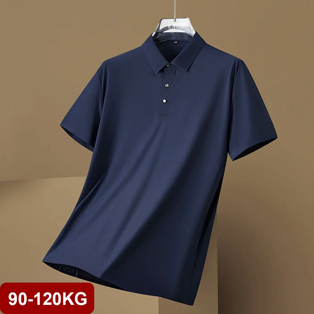 

Oversized 2024 Summer Men's Business Polo T-shirt Ice Silk Short Sleeved Solid Tee Lapel Button Anti-wrinkle T-shirts 90-120KG