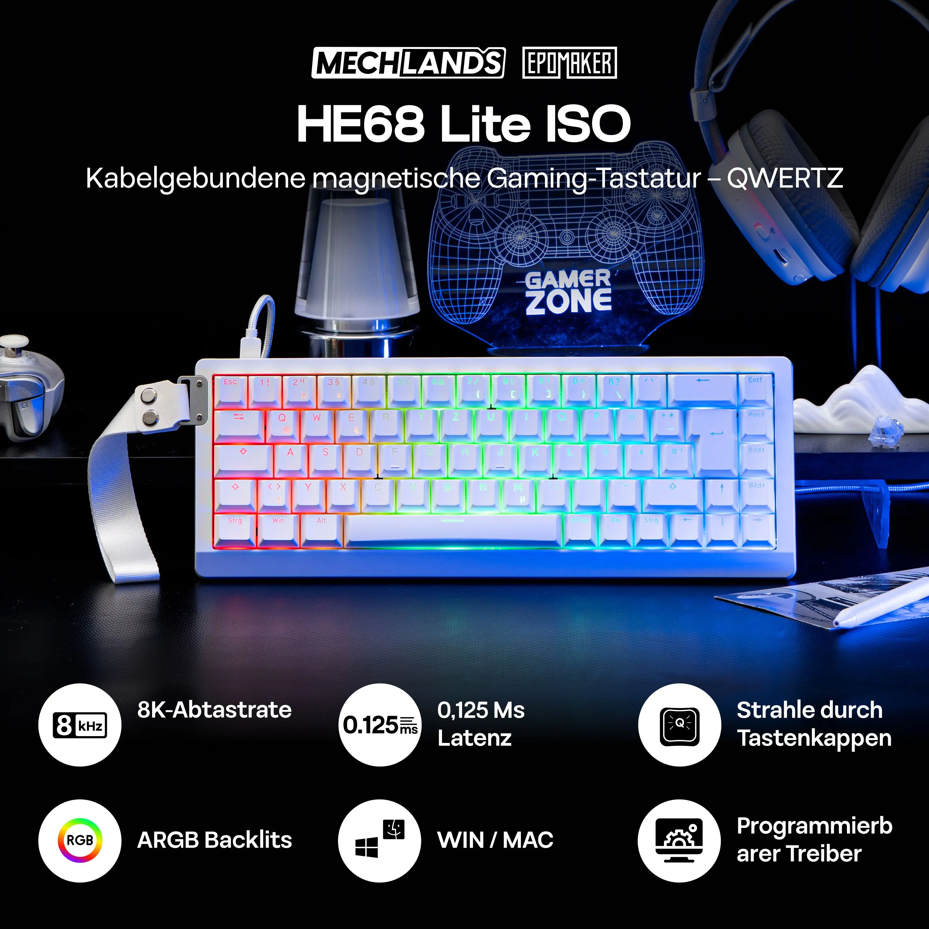 ISO-DE EPOMAKER HE68 Lite 65% German Layout Wired Hall Effect Magnetic Keyboard with SOCD/DKS & Adjustable Trigger