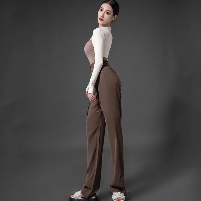 2023 New Latin Dance Costumes For Women Long Sleeved Brown High Waisted Pants Suit Chacha Modern Latin Performance Wear DQS13281