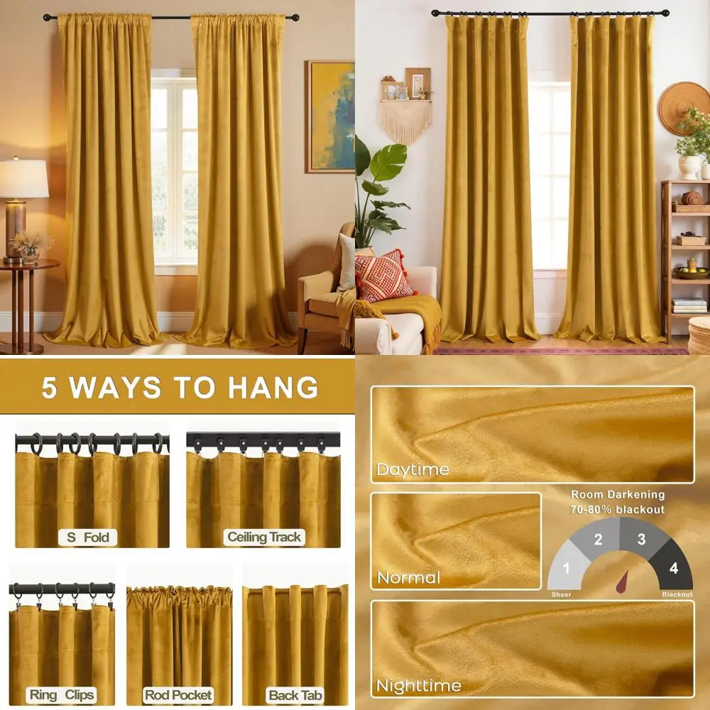 

Современные горчично-желтые бархатные шторы середины века, длина 96, комплект из 2 панелей, затемняющие, плиссированные, эколектический стиль в стиле бохо для гостиной