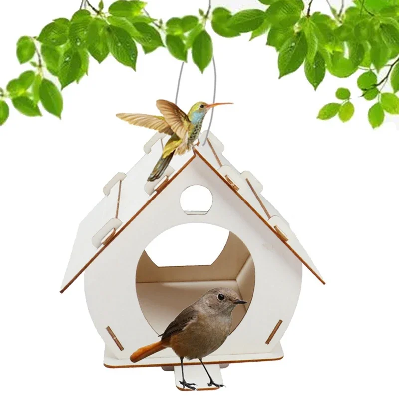 Wooden Bird Feeder House Hanging Birdhouse Outdoor Garden Decor DIY Assembly Bird Cage with Lanyard