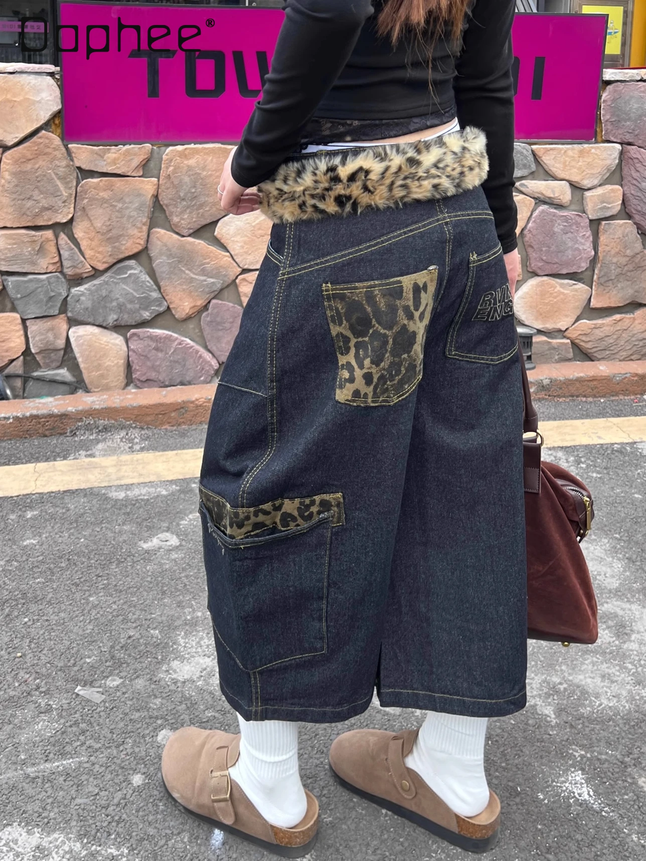 

European American Hiphop High Street Pants Leopard Print Splicing High Waist Slim Jeans Retro Embroidered Wide-leg Cargo Pants