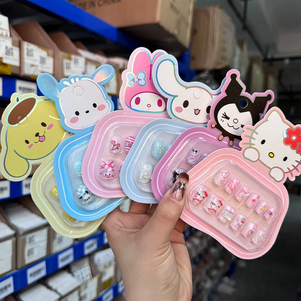 5D Cartoon Sanrio Kids False Nails Cute Kuromi Hello Kitty Cinnamoroll Children press on nails Patch Holiday Girl Fake Nail Tips