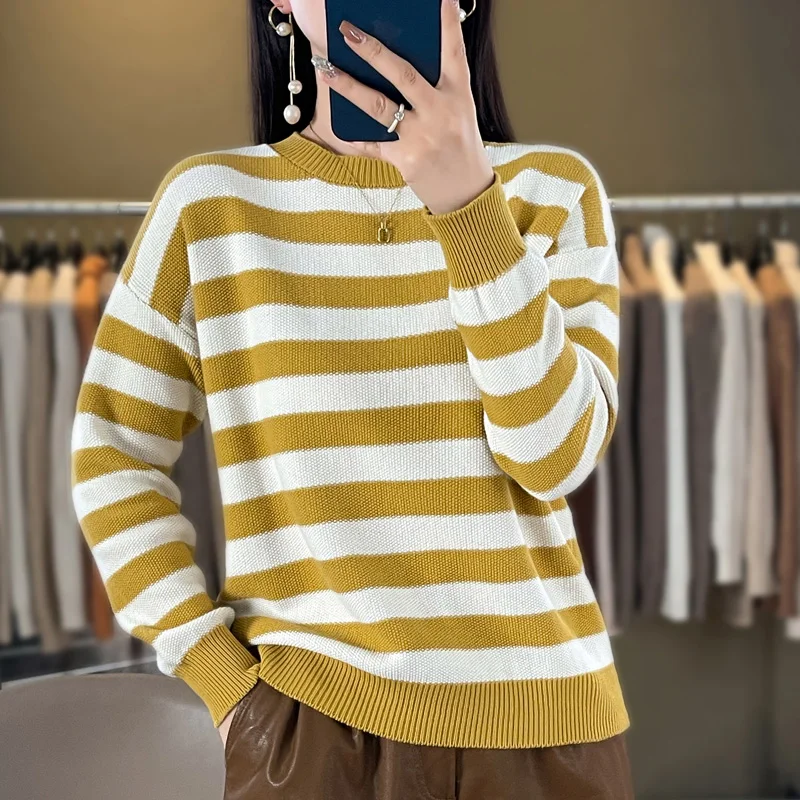 

Autumn and winter new women's O-neck striped pullover 100% pure cotton knitted casual sweater loose hot selling women's top