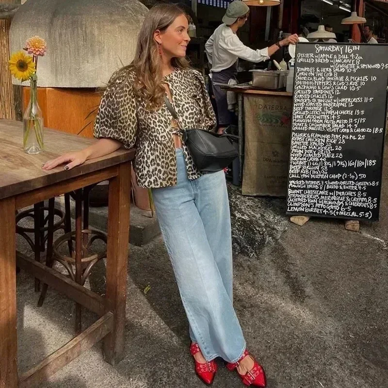Leopard Print Shirt For Women Bow Lace Up O-neck Short Puff Sleeve Female T-shirt 2024 Summer Fashion All-match Street Lady Tops