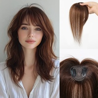 Dark Brown Remy Human Hair Topper with Air Bangs Fashion Straight Hair Toppers for Women Daily Use Clip in Hair Extensions