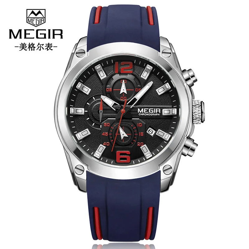 

Megir Men's Chronograph Analog Quartz Watch with Date, Luminous Hands Waterproof Silicone Rubber Strap Wristswatch for Man 2063G